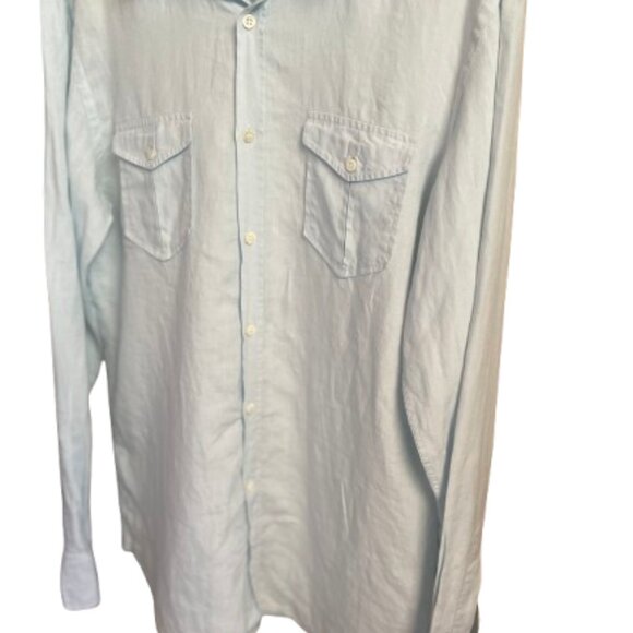 BOSS Hugo Boss Light Blue Button-Down Linen Shirt. Slim  Size: XL - Picture 4 of 15